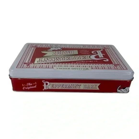 WILLIAMS SONOMA PEPPERMINT BARK DECORATIVE METAL TIN W/ LIF EMPTY CHRISTMAS - Picture 6 of 8